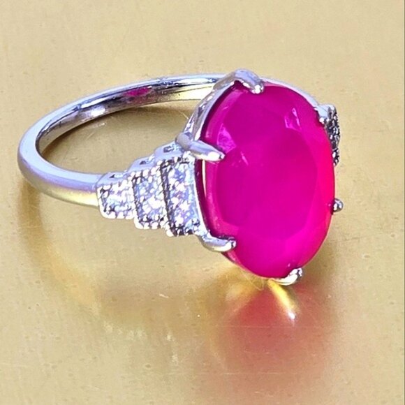 925 Sterling Silver Ring Sz 7.75 with Natural Chalcedony & Cz - Picture 8 of 10